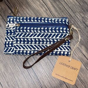 Leather Craft boho block printed fabric wristlet